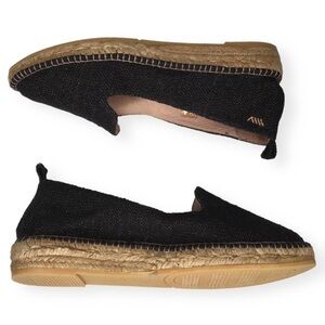 NWOT VISCATA BARCELONA Black Sheen Palafrugell Linen Espadrille Flats.